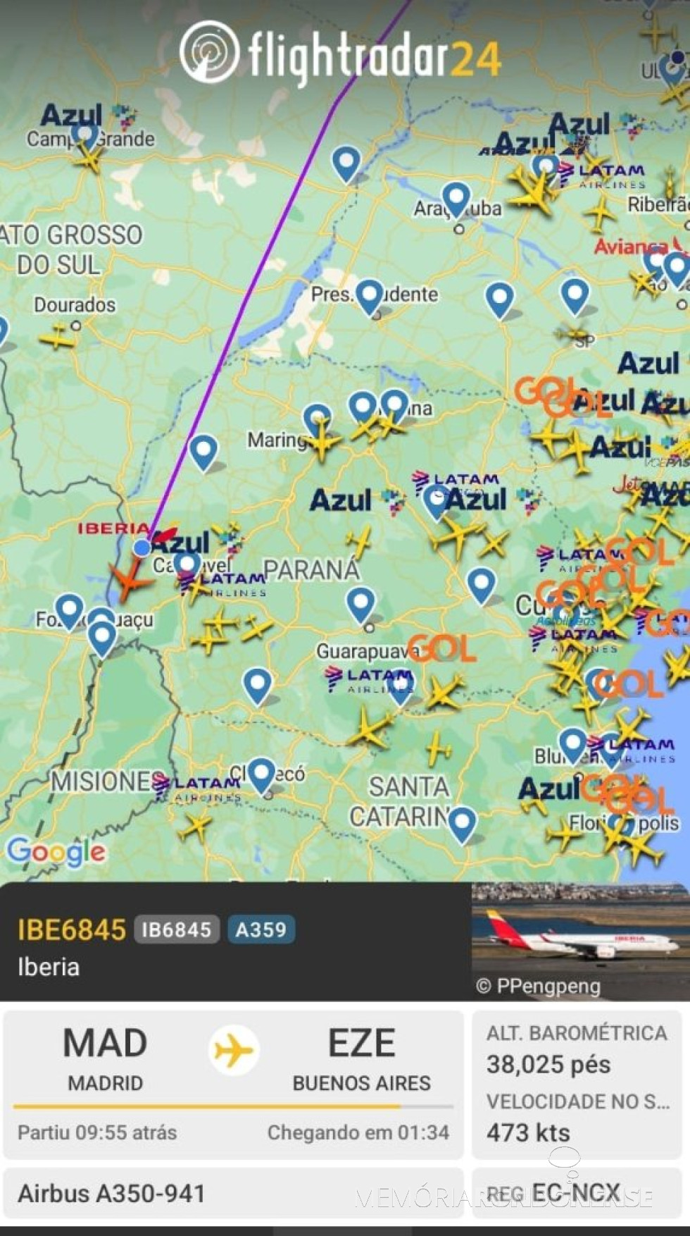 || Identificação da rota do avião da Iberia ao cruzar o céu de Marechal Cândido Rondon, no começo do final da tarde de 19 de agosto de 2024.
Imagem: Acervo Flightradar - FOTO 26 -