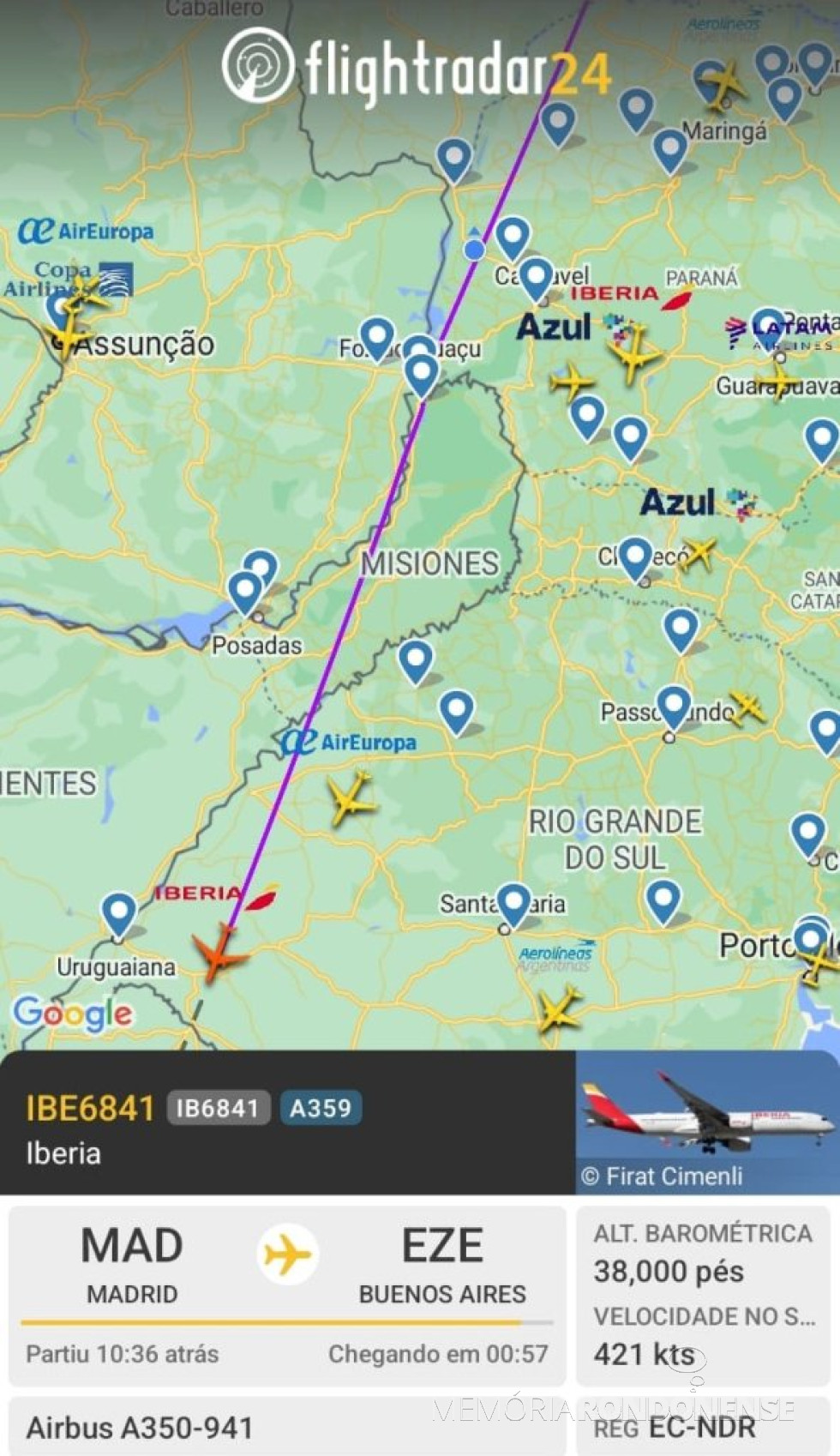 || Identificação da rota do avião da Iberia, em sua