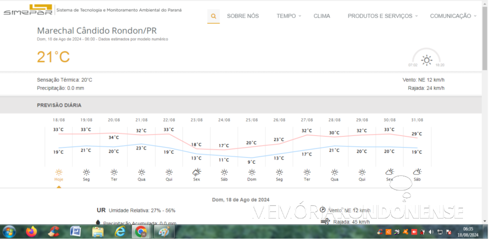 || Previsão climática par a cidade de Marechal Cândido Rondon, dia 18 de agsoto de 2024 e dias seguintes, fornecida pelo Sistema de Tecnologia e Monitoramento Ambiental do Paraná (SIMEPAR) - FOTO 35 -