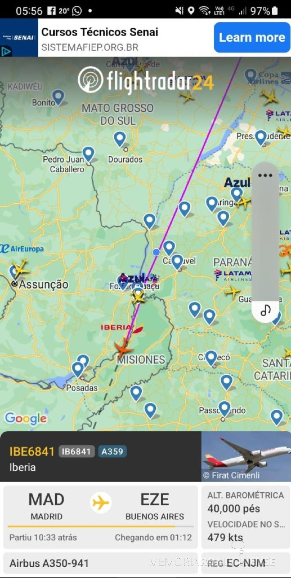 || Identificação do vôo da Iberia que cruzou o espaço aéreo da cidade de Marechal Cândido Rondon, na madrugada de 07 de agosto de 2024.
Imagem: Acervo Flightradar - FOTO 26 -