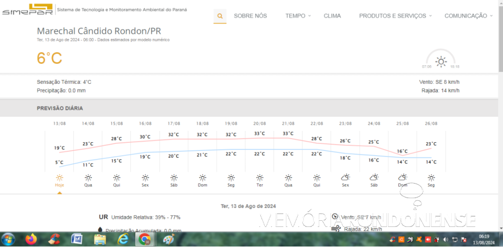 || Previsão de clima para a cidade de Marechal Cândido Rondon, dia 13 de agosto de 2024, emitida pelo Sistema de Tecnologia e Monitoramento Ambiental do Paraná (SIMEPAR) - FOTO 29 -