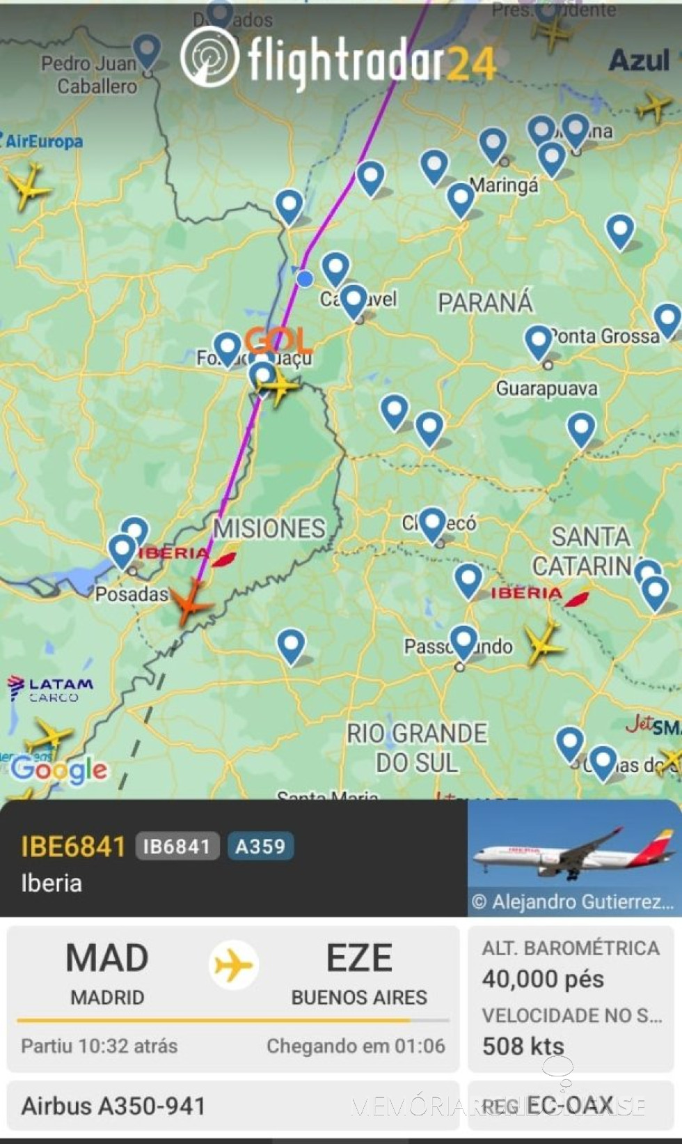 || Identificação do vôo da Iberia que cruzou o espaço aéreo da cidade de Marechal Cândido Rondon, na madrugada de 08 de agosto de 2024, em sua viagem a Buenos Aires.
Imagem: Acervo Flightradar - FOTO 4 -