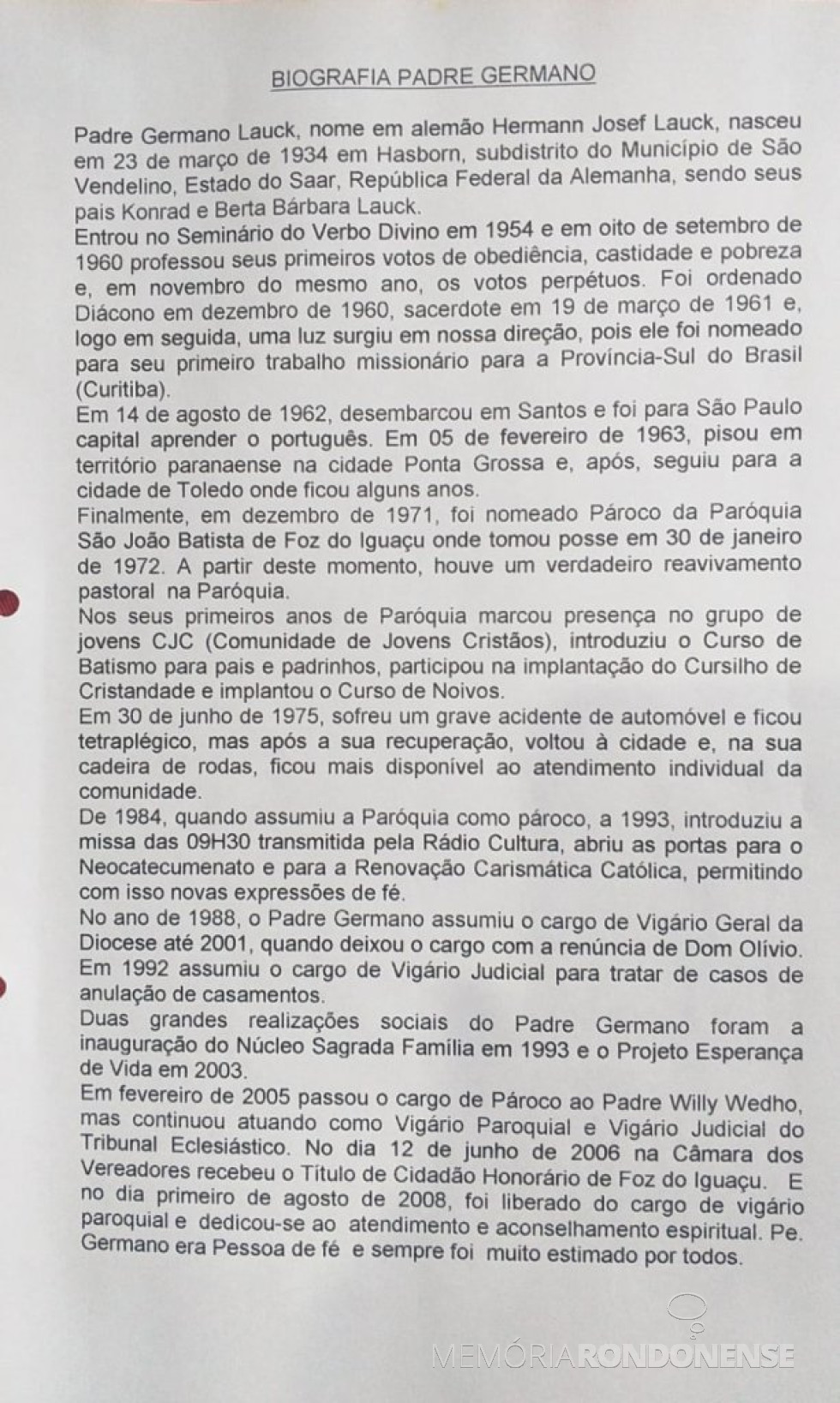 || Outro descritivo biográfico do padre Germano Lauck.
Imagem: Acervo Provinciliado SVD, em Curitiba - FOTO 23 -