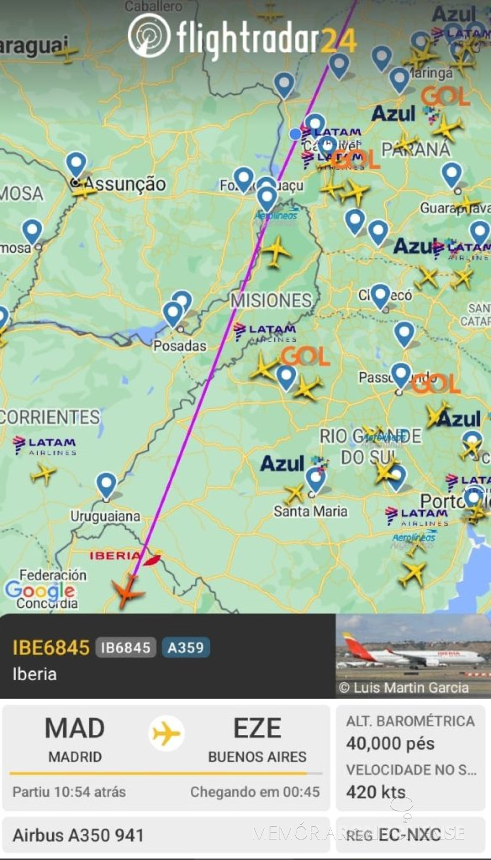 || Identificação da rota do avião da Iberia que curou o espaço aéreo da cidade de Marechal Cândido Rondon, ao final da tarde 17 de agosto de 2024.
Imagem: Acervo Flightradar - FOTO 25 -