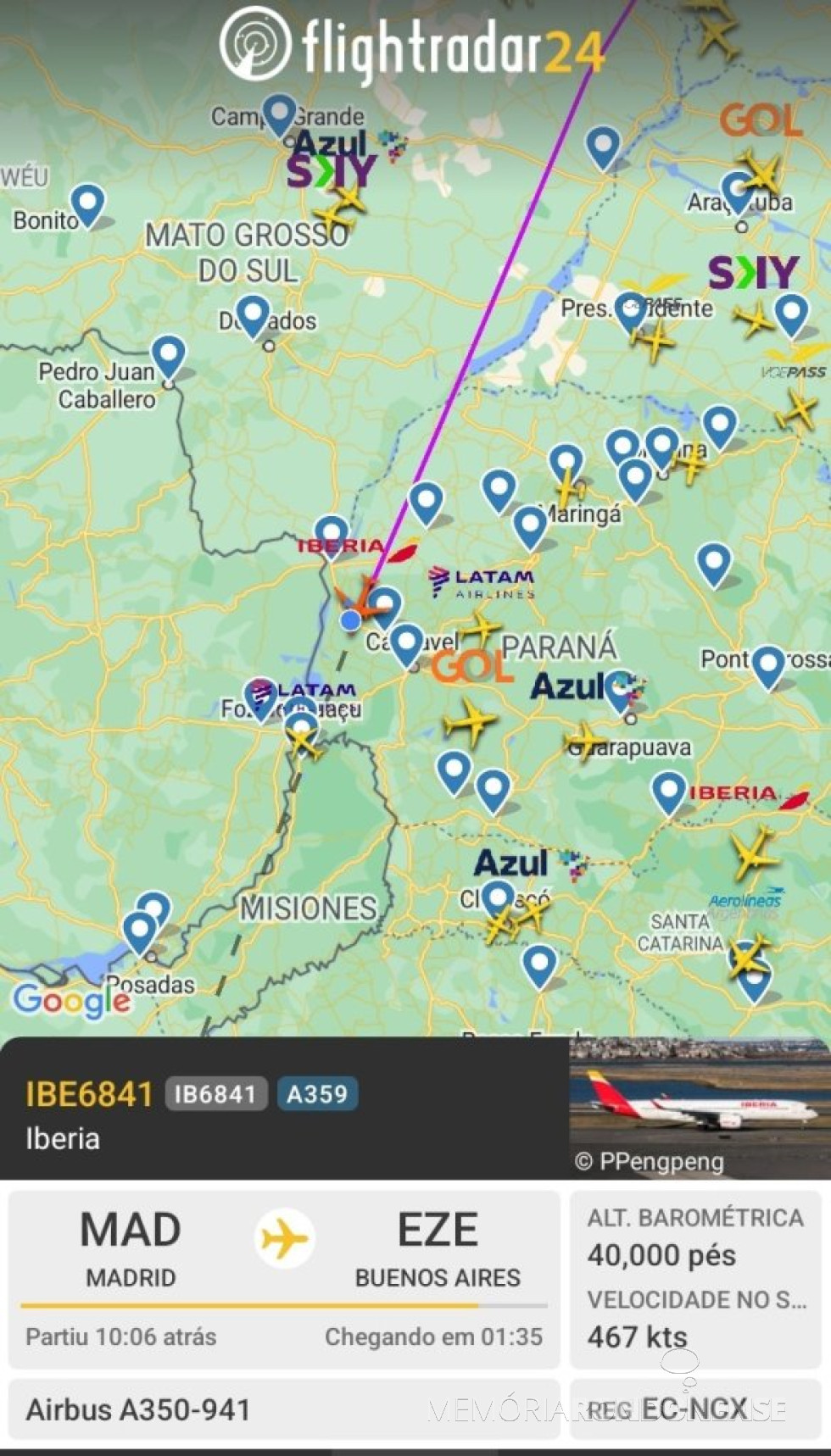 || Identificação da rota do avião da Iberia que cruzou o espaço aéreo da cidade de Marechal Cândido Rondon, na madrugada de 21 de agosto de 2024.
Imagem: Acervo Flightradar - FOTO 22 -