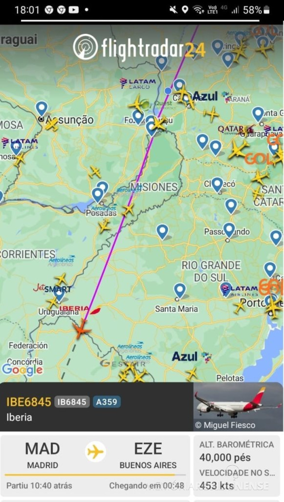 || Identificação da rota do avião da Iberia em seu destino final na cidade de Buenos Aires, em 18 de agosto de 2024.
Imagem: Acervo Fleghtradar - FOTO 37 -