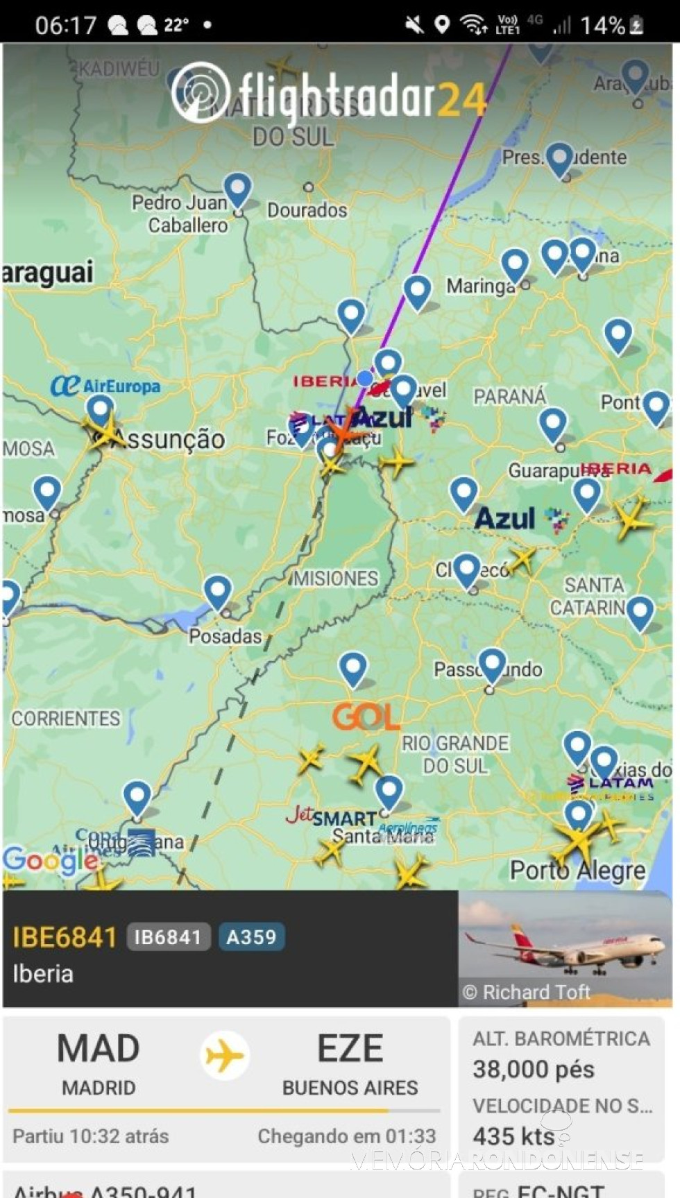 Identificação da rota do avião da Iberia com destino a Buenos Aires, que cruzou o espaço aéreo da cidade de Marechal Cândido Rondon, em 22 de setembro de 2024.
Imagem: Acervo Flightradar - FOTO 30 -