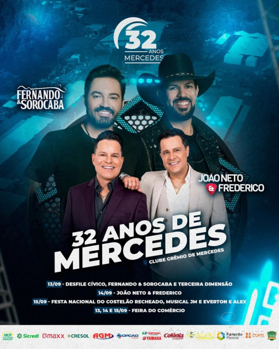 || Cartaz alusivo às comemorações do 32º aniversário de Mercedes, em setembro de 2024.
Imagem: Acervo Prefeitura Municipal de Mercedes - FOTO 20 -