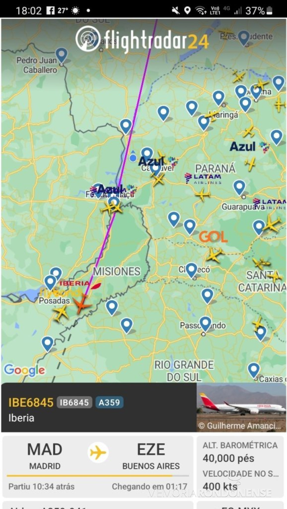 II Identificação do vôo do avião da Iberia que cruzou o espaço aéreo do município de Marechal Cândido Rondon, no final da tarde 16 de setembro de 2024.
Imagem: Acervo Flightradar - FOTO 30 -