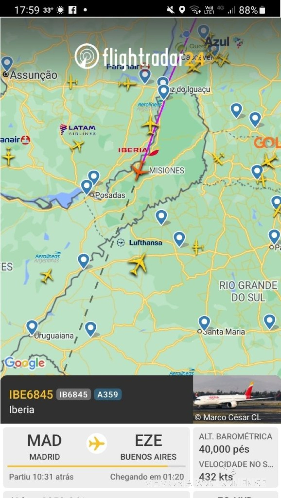 || Identificação da rota do avião da Iberia que cruzou o espaço aéreo da cidade de Marechal Cândido Rondon ao final da tarde de 29 de setembro de 2024.
Imagem: Acervo Flightradar - FOTO 28 -