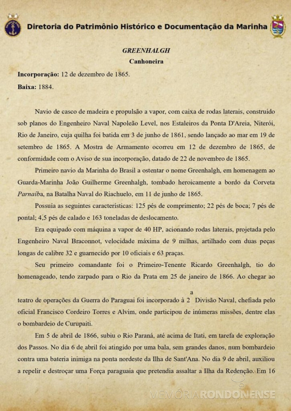 || Descrição (parte inicial) das especificações técnic e de estrutura da canhoneira