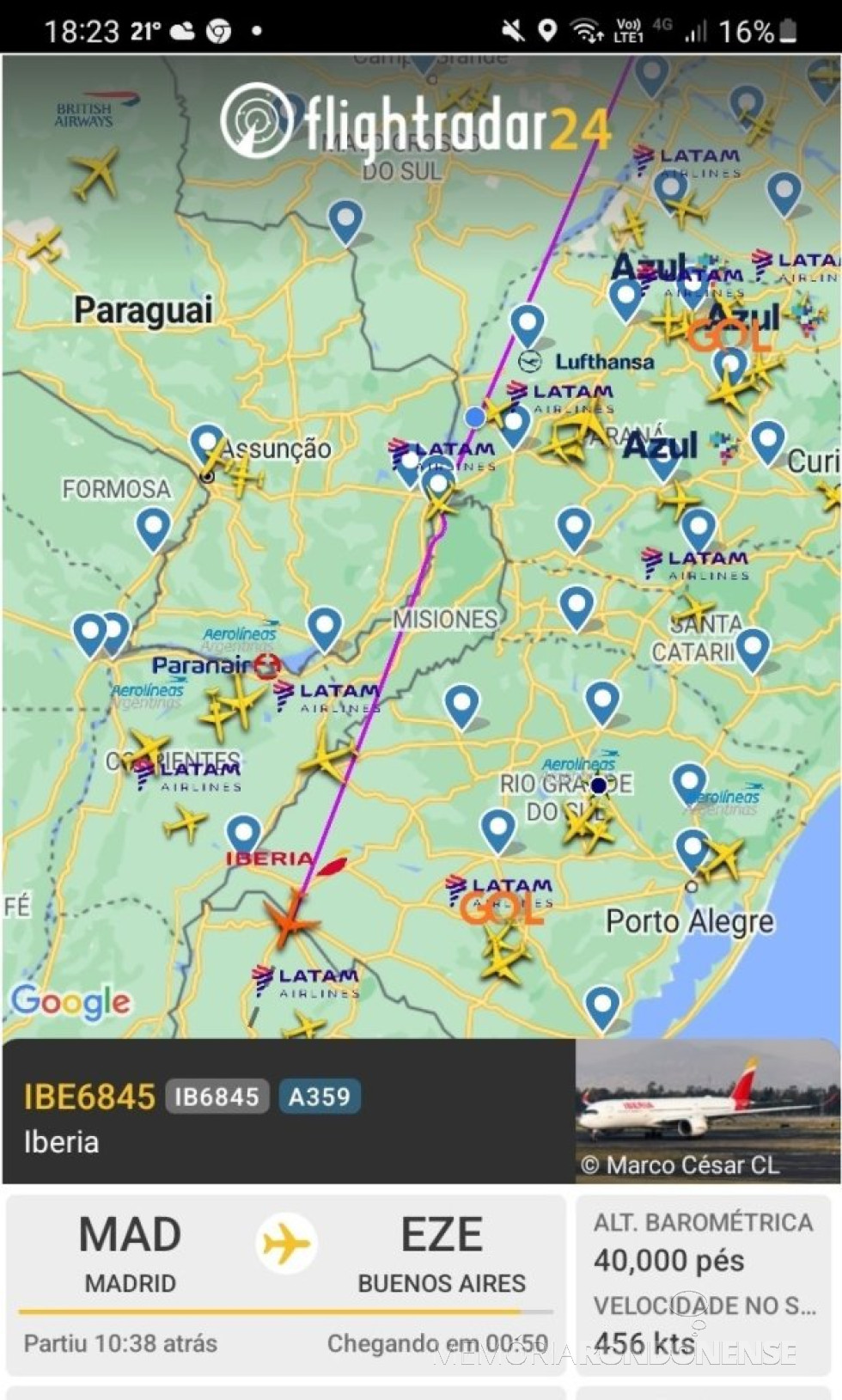 || Identificação da rota do avião da Iberia que cruzou o espaço aéreo dda cidade de Marechal Cândido Rondon, em 01 de setembro de 2024.
Imagem: Acervo Flightradar - FOTO 40 -