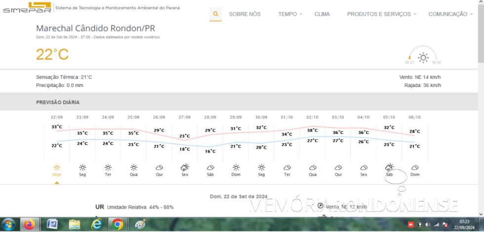 || Previsão metereológica para a cidade de Marechal Cândido Rondon, dia 22 de setembro de 2024 e dias seguintes, emitida pelo Sistema de Tecnologia e Monitoramento Ambiental do Paraná (SIMEPAR). - FOTO 29 -