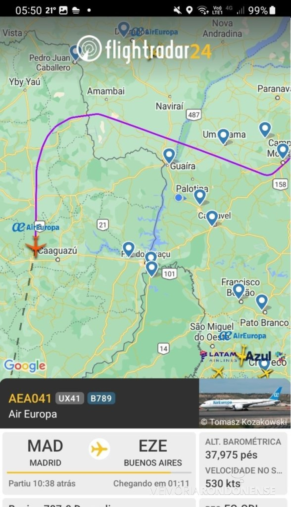 || Identificação da alteração de rota do avião da Air Europa, na madrugada de 14 de setembro de 2024.
Imagem: Acervo Flightradar - FOTO 28 -