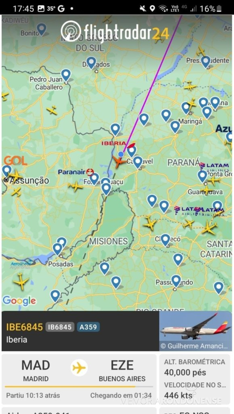 || Identificação da rota do avião da Iberia que cruzou o espaço aéreo da cidade de Marechal Cândido Rondon, em 19 de setembro de 2024.
Imagem: Acervo Flightradar - FOTO 36 -