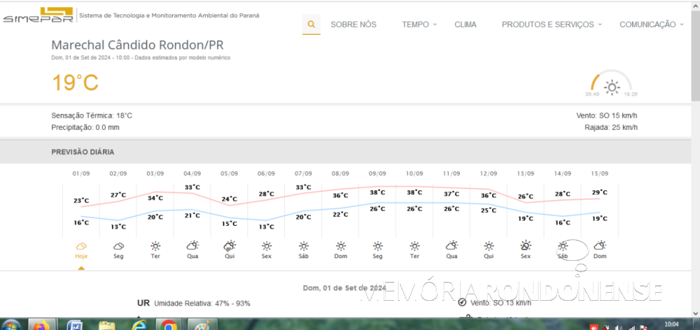 || Previsão climatológica para a cidade de Marechal Cândido Rondon, dia 01 de setembro de 2024 e dias seguintes.
Imagem: Acervo Sistema de Tecnologia e Monitoramento Ambiental do Paraná (SIMEPAR) - FOTO 39 -