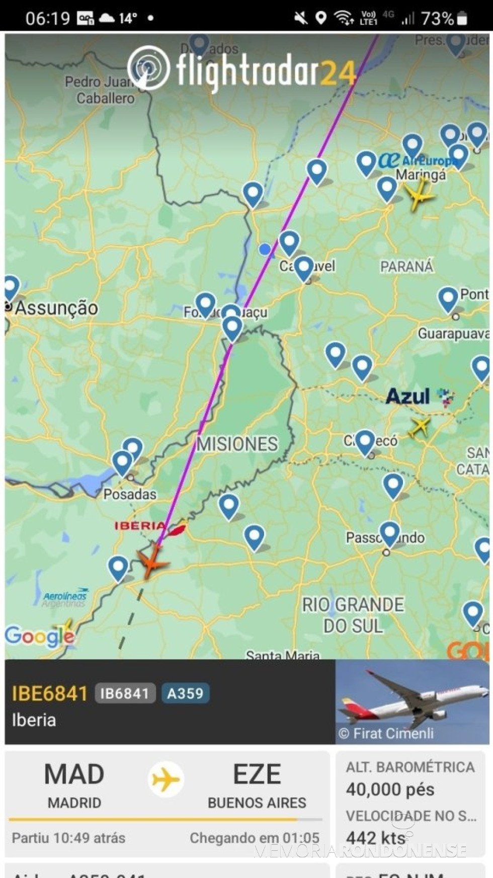 || Identificação da rota do avião da Iberia que cruzou o espaço aéreo entre Marechal Cândido Rondon e Toledo, em 16 de setembro de 2024.
Imagem: Acervo Flightradar - FOTO 28 -