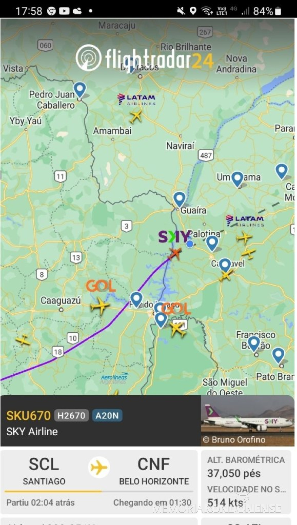 || Identificação da rota o avião da Sky Airline que cruzou o espaço aéreo da cidade de Marechal Cândido Rondon, ao final da tarde 12 de setembro de 2024.
Imagem: Acervo Flightradar - FOTO 20 -