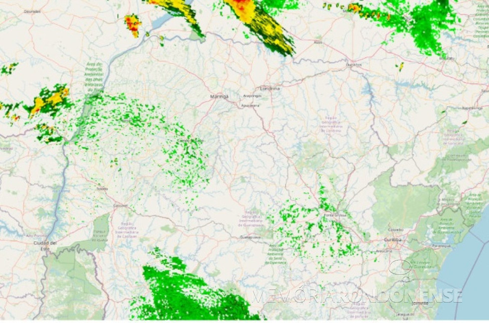 || Mapa de radar com destaque para a nebulosidade presente sobre o Estado do Paraná, madrugada de 26 de outubro de 2024.
Imagem copiada da página na internet do Sistema de Tecnologia e Monitoramento Ambiental do Paraná (SIMEPAR) - FOTO 28 -
