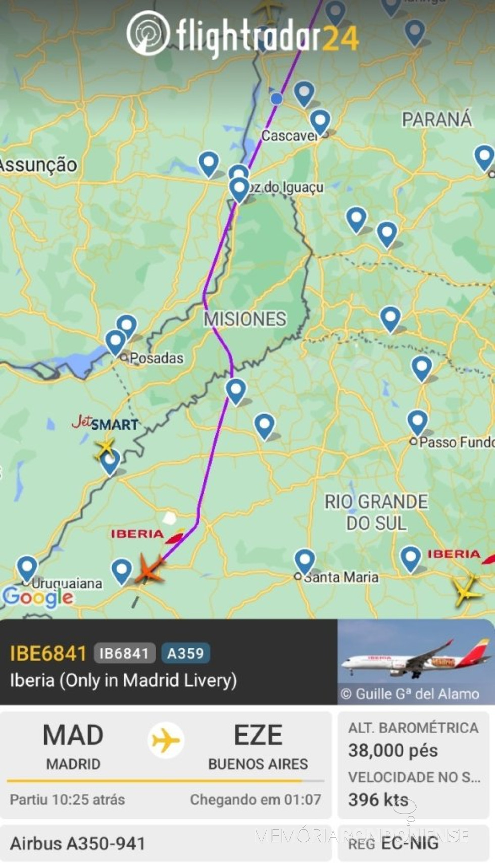|| Identificação da rota do avião da Iberia que cruzou o espaço aéreo de Marechal Cândido Rondon na madrugada de 02 de outubro de 2024.
Imagem: Acervo Flightradar - FOTO 31 -