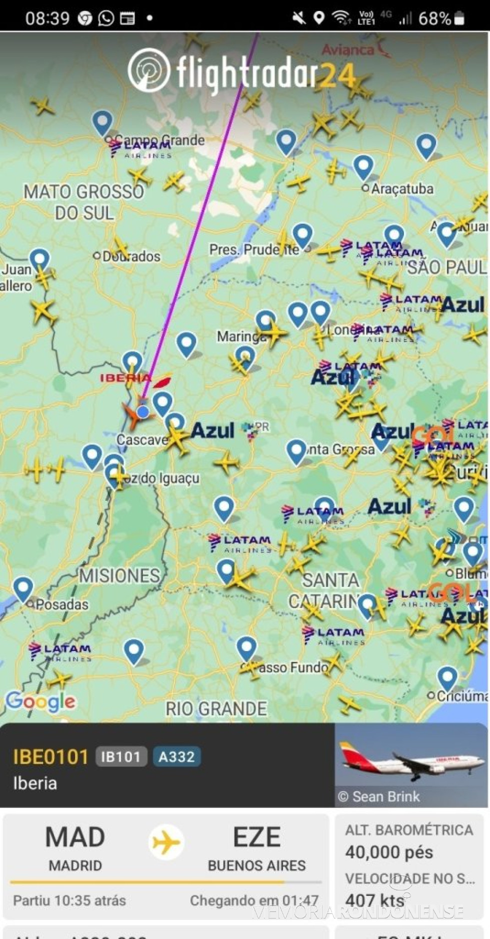 || Identificação da rota do avião da Iberia que cruzou o espaço aéreo da cidade de Marechal Cândido Rondon, em 19 de outubro de 2024.
Imagem: Acervo Flightradar - FOTO 28 -