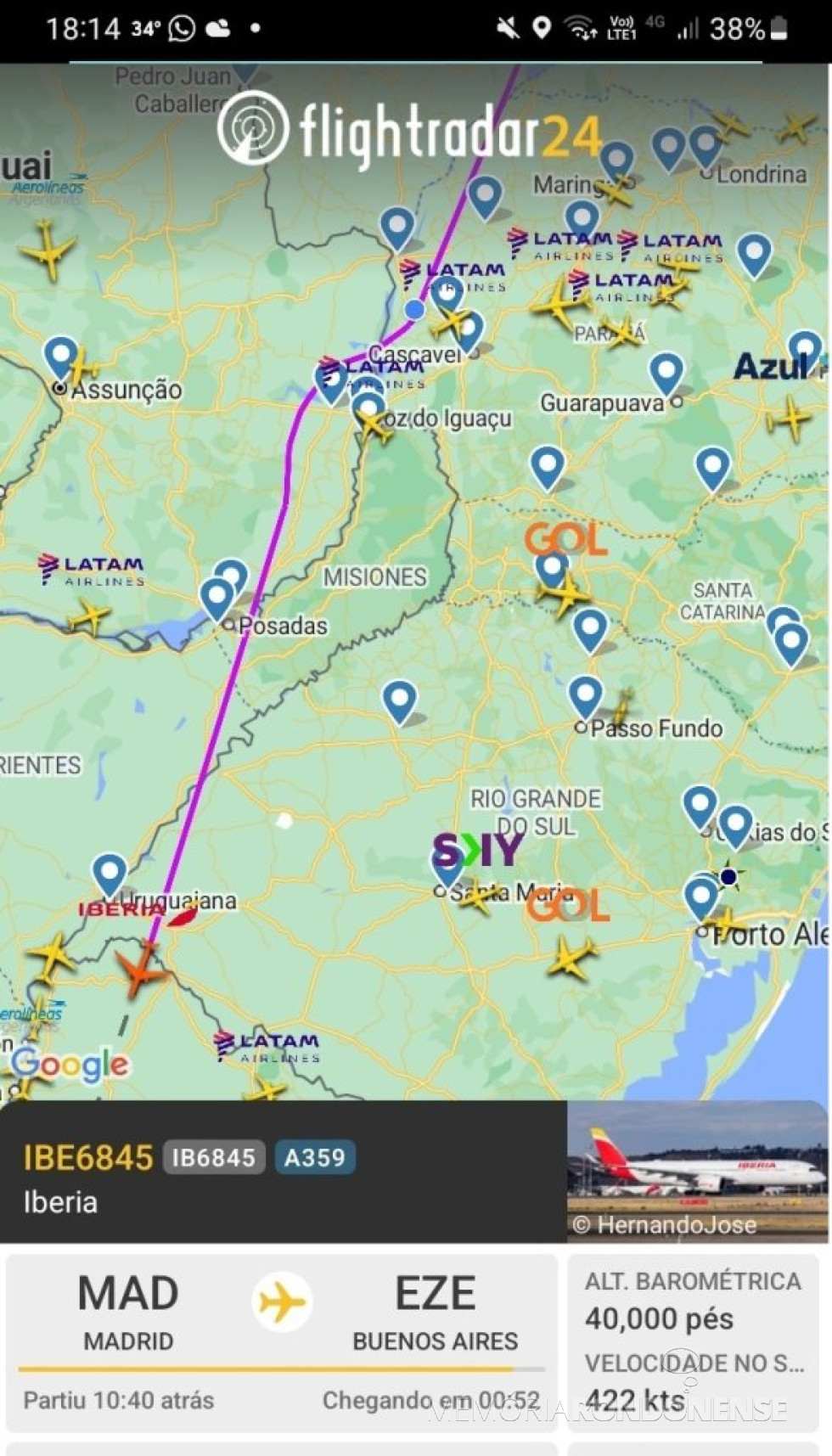 || Identificação da rota do avião da Iberia que cruzou o espaço aéreo da cidade de Marechal Cândido Rondon, começo do final da tarde de 02 de outubro de 2024.
Imagem: Acervo Flightradar - FOTO 33 -