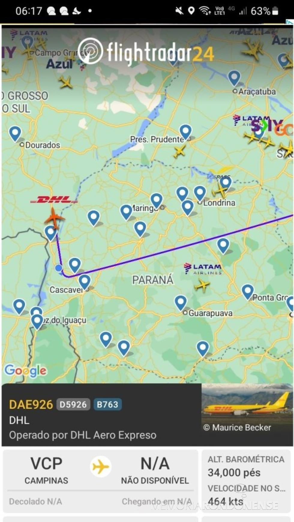 || Identificação da rota do avião da DHL que cruzou o espaço aéreo da cidade de Marechal Cândido Rondon no amanhecer de 02 de outubro de 2024.
Imagem: Acervo Flightradar - FOTO 32 -