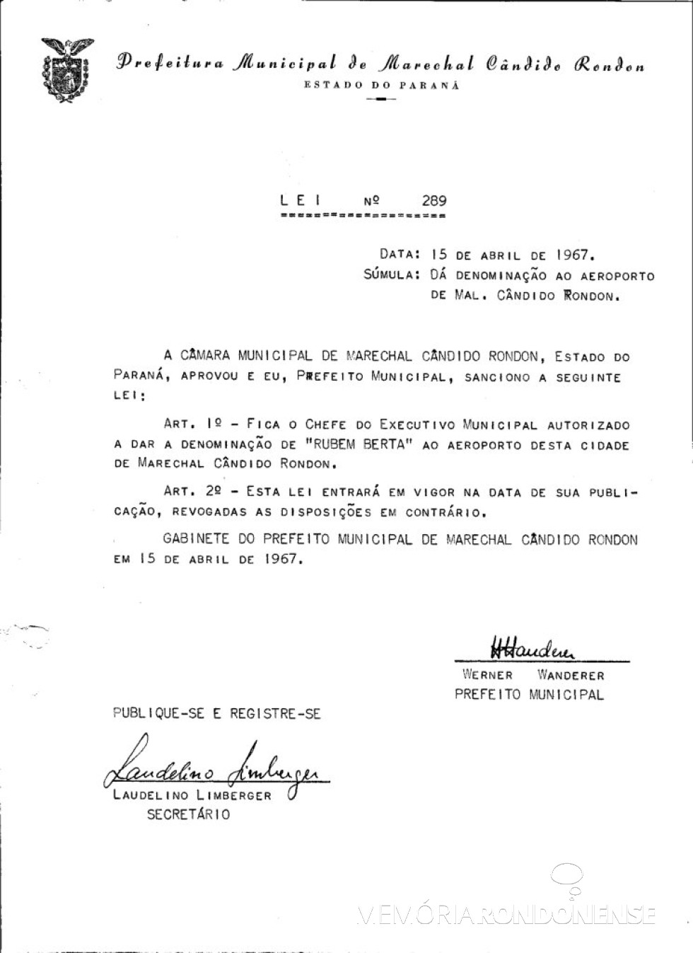 || Cópia da Lei nº 289 que denomina de