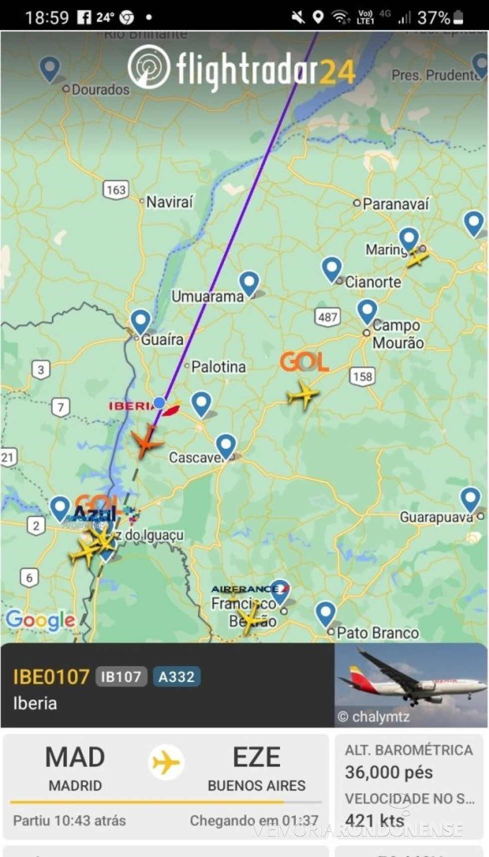 || Identificação do 2º avião da Iberia que cruzou o espaço aéreo de Marechal Cândido Rondon, em 29 de outubro de 2024.
Imagem: Acervo Fligthradas - FOTO 29 -