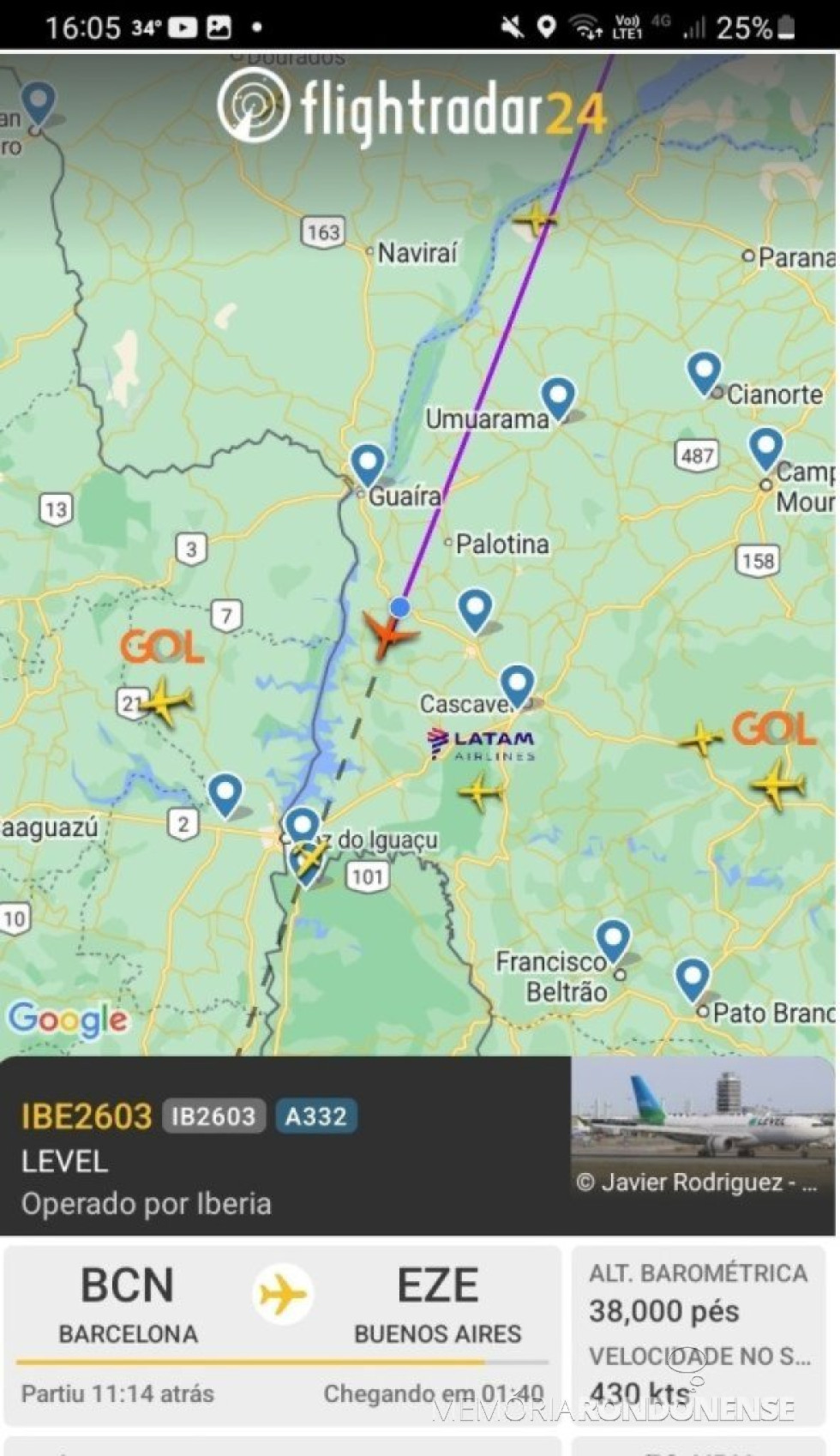 || Identificação da rota do avião da Level que cruzou o espaço aéreo de Marechal Cândido Rondon, 31 de outubro de 2024.
Imagem: Acervo Flightradar - FOTO 31 -