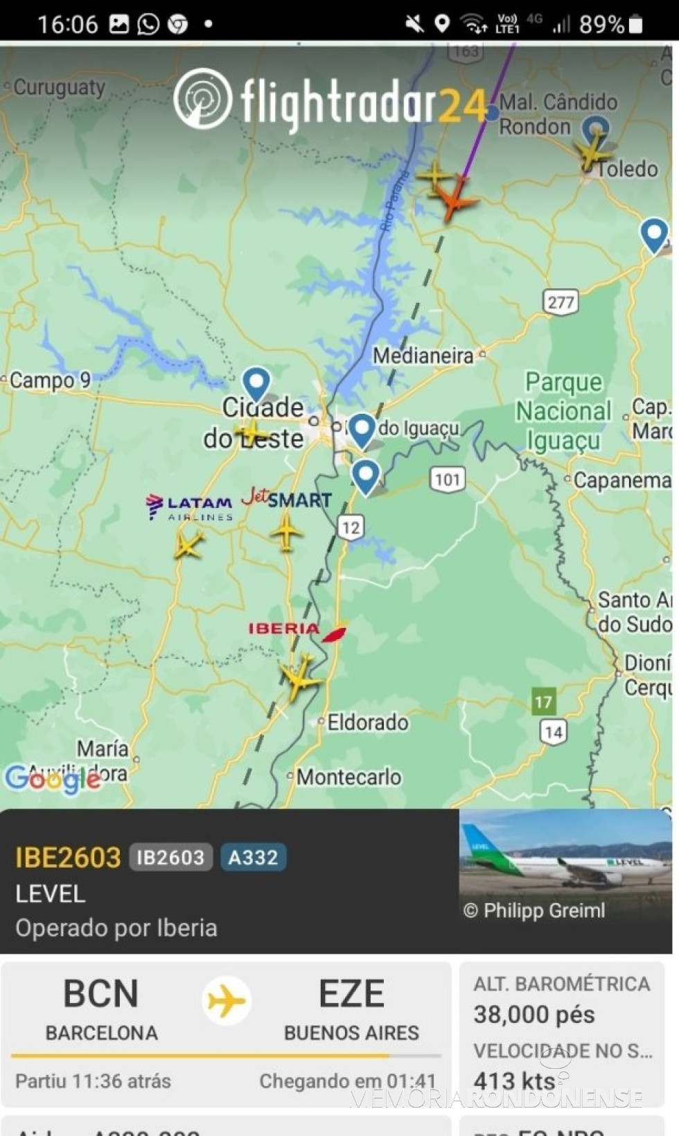 || Identificação da rota da aeronave da Iberia que cruzou o espaço aéreo de Marechal Cândido Rondon, ao fazer o trajeto Barcelona a Buenos Aires, em 17 de novembro de 2024.
Imagem: Acervo Fligtradar - FOTO 36 -