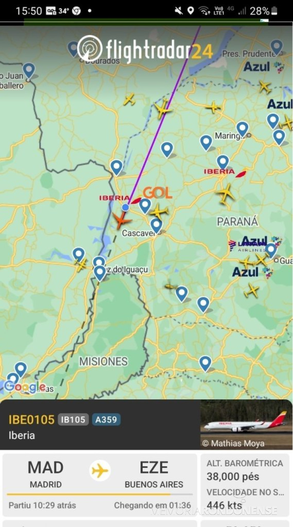 || Identificação do vôo da aeronave da Iberia que cruzou o espaço aáreo da cidade de Marechal Cândido Rondon, em 31 de outubro de 2024.
Imagem: Acervo Flightradar - FOTO 30 -
