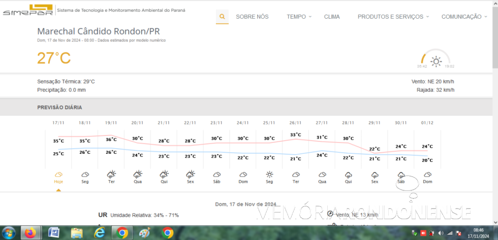 || Previsão metereológica para a cidade de Marechal Cândido Rondon, dia 17 de novembro de 2024 e dias supervenientes, fornecida pelo Simepar - FOTO 34 -