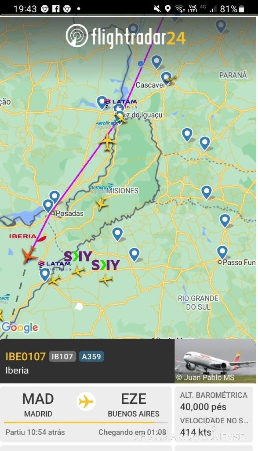 || Identificação da rota do avião da Iberia que cruzou o espaço aéreo de Marechal Cândido Rondon, em 09 de novembro de 2024.
Imagem: Acervo Flightradar - FOTO 34 -