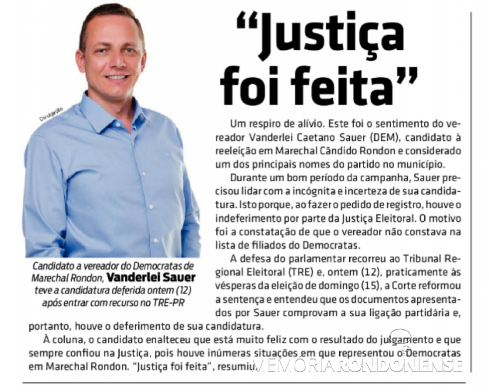 || Destaque do jornal rondonense O Presente ref. a decisão do TREPR em favor de Vanderlei Caetano Sauer, em novembro de 2020
Imagem: Acervo O Presente - FOTO 13 -