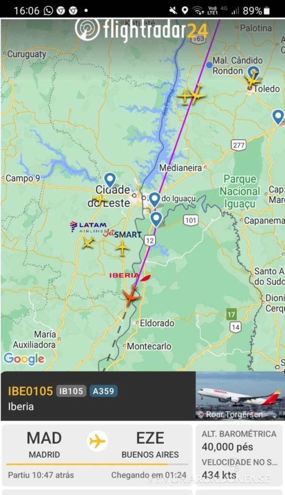 || Identificação da rota do avião da Iberia que curou o espaço aéreo da cidade de Marechal Cândido Rondon, em 17 de novembro de 2024.
Imagem: Acervo Flightradar - FOTO 35 -