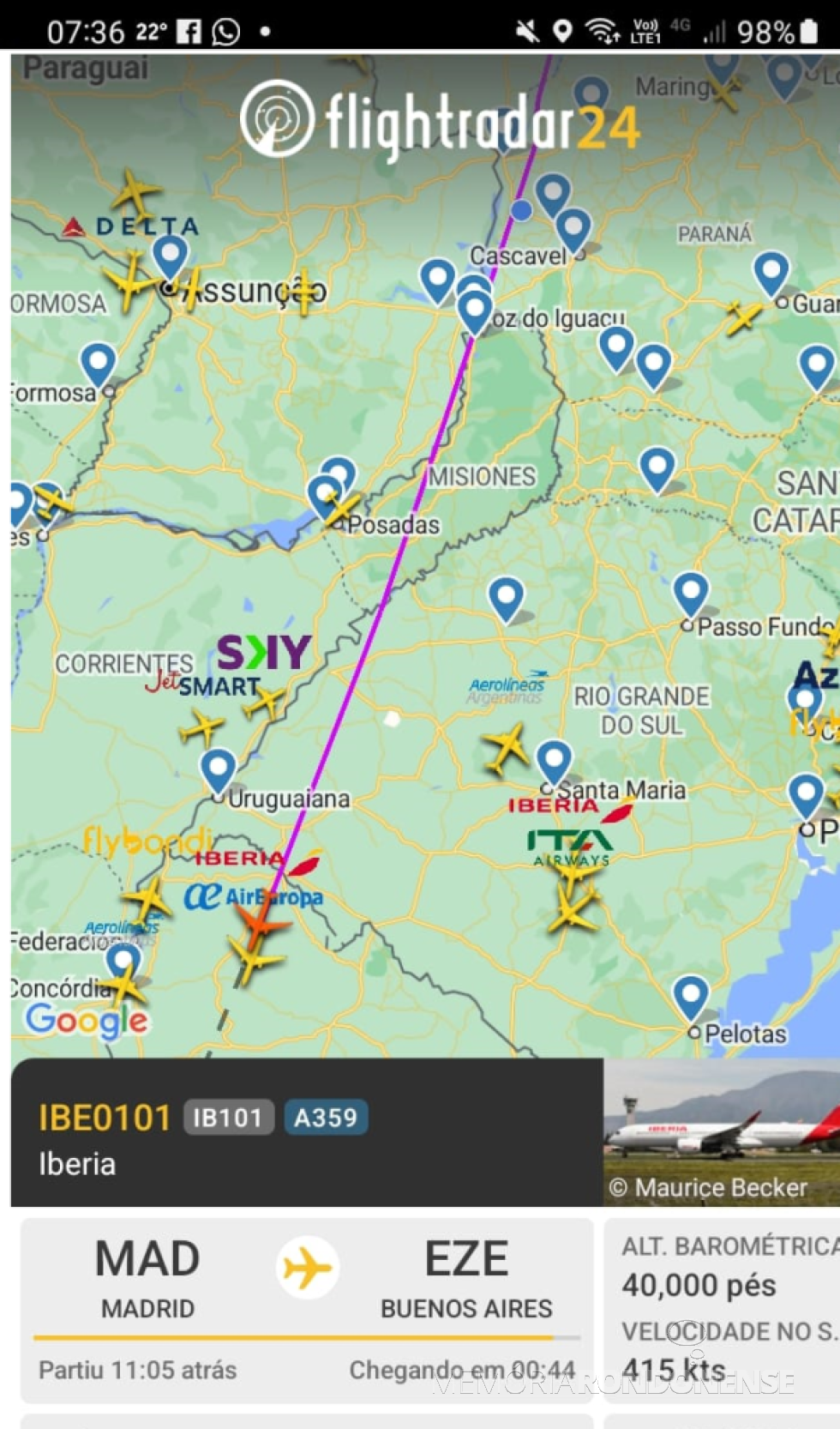 || Identificação da rota do vôo do avião da Iberia que cruzou o espaço aéreo de Marechal Cândido Rondon, em 09 de dezembro de 2024.
Imagem: Acervo Flightradar - FOTO 42 -