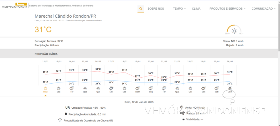 || Previsão meteorológica para a cidade de Marechal Cândido Rondon, dia 12 de janeiro de 2025 e dias supervenientes, fornecida pelo Simepar - FOTO 18 -