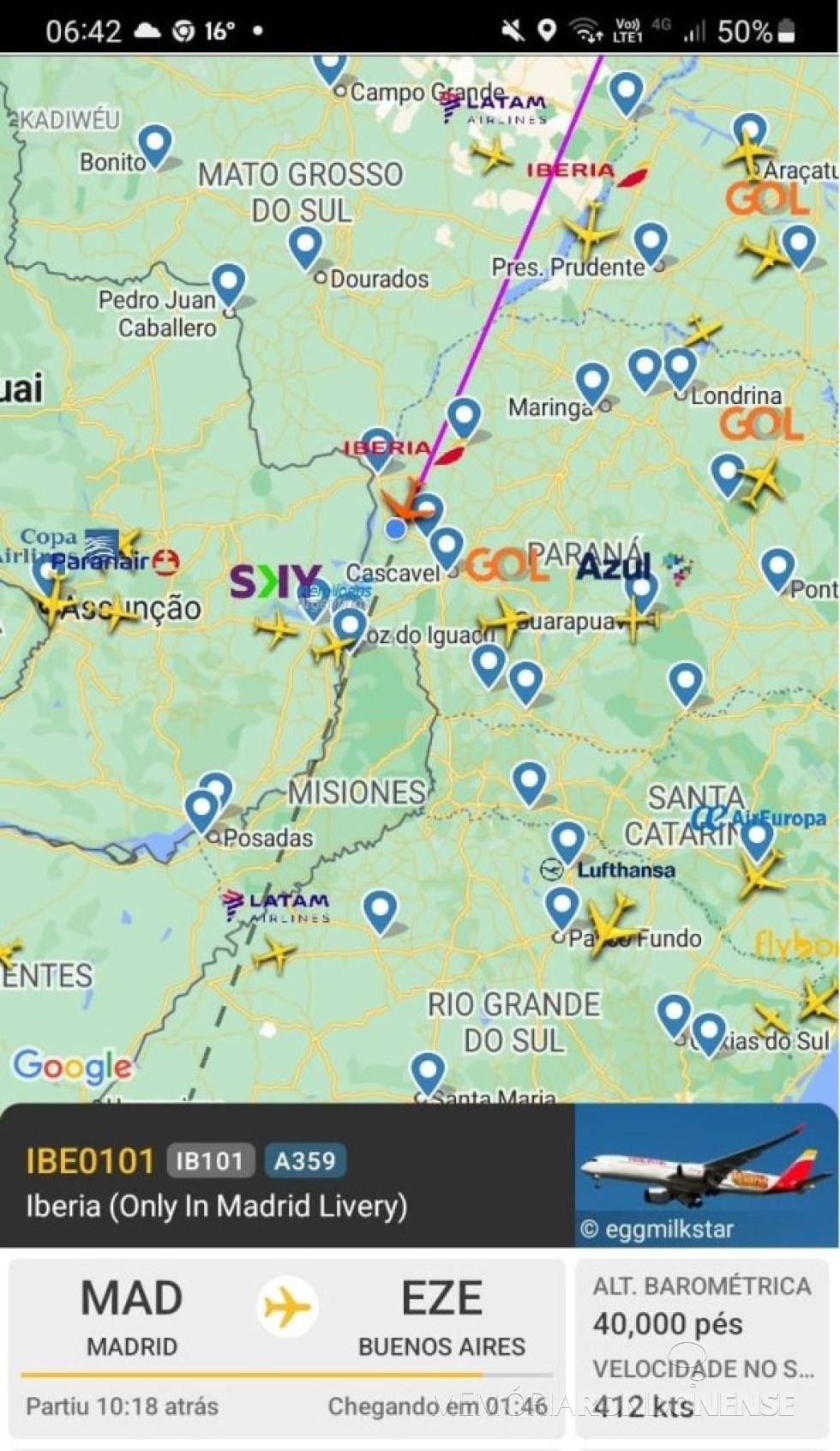 || Identificação da rota do avião da Iberia que cruzou o espaço aéreo de Marechal Cândido Rondon, em 05 de janeiro de 2025.
Imagem: Acervo Flightradar - FOTO 23 -
