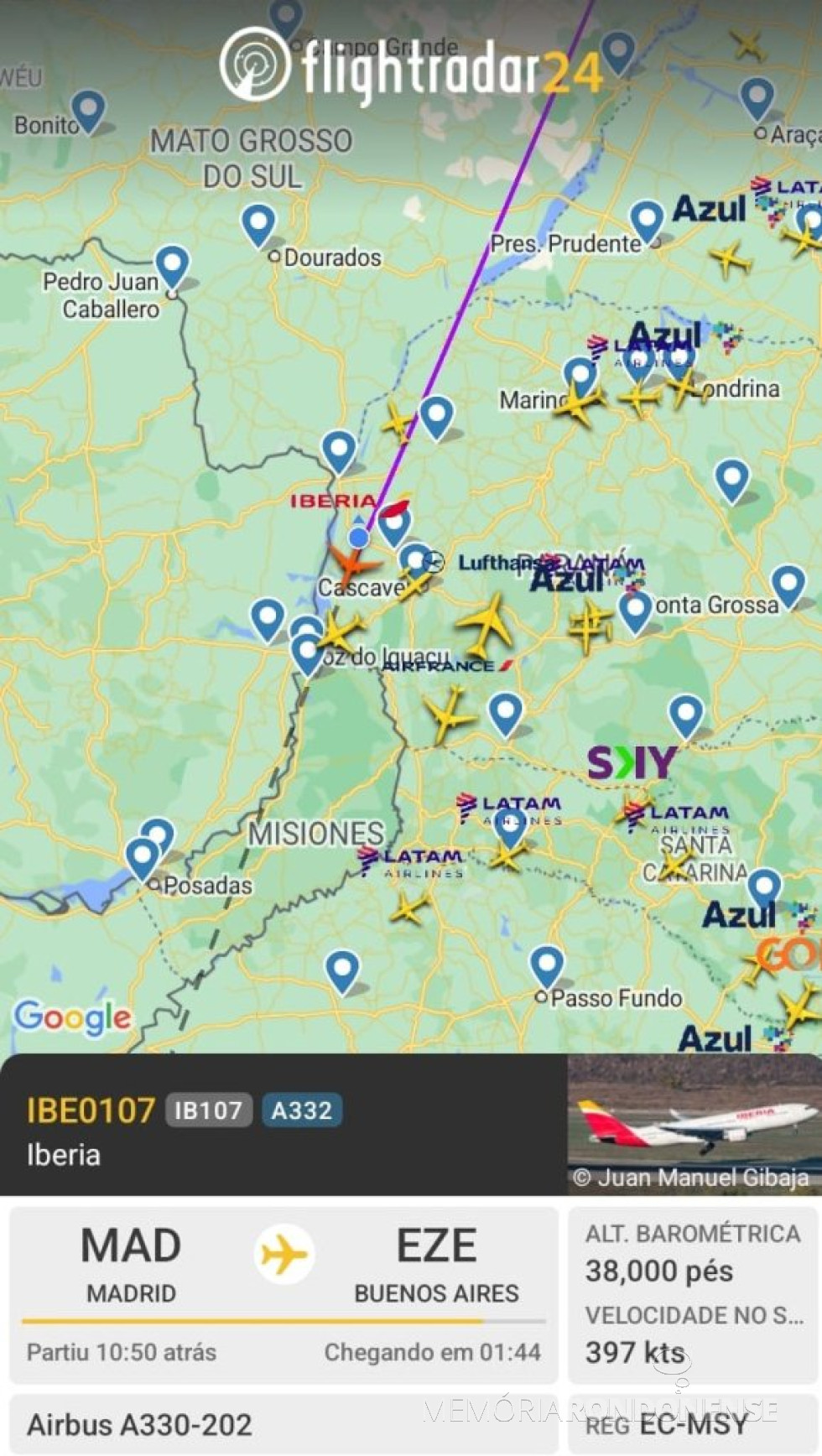 || Identificação da rota do avião da Iberia, que cruzou o espaço aéreo de Marechal Cândido Rondon 06 de janeiro de 2025, rumo à capital argentina.
Imagem: Acervo Flightradar - FOTO 22 -