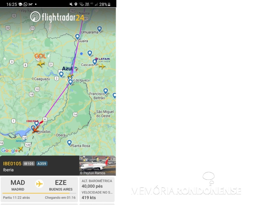 || identificação da rota do avião da Iberia quer cruzou o espaço aéreo de Marechal Cândido Rondon, à meia-tarde de 07 de janeiro de 2025.
Imagem: Acervo Flightradar - FOTO 29 -
