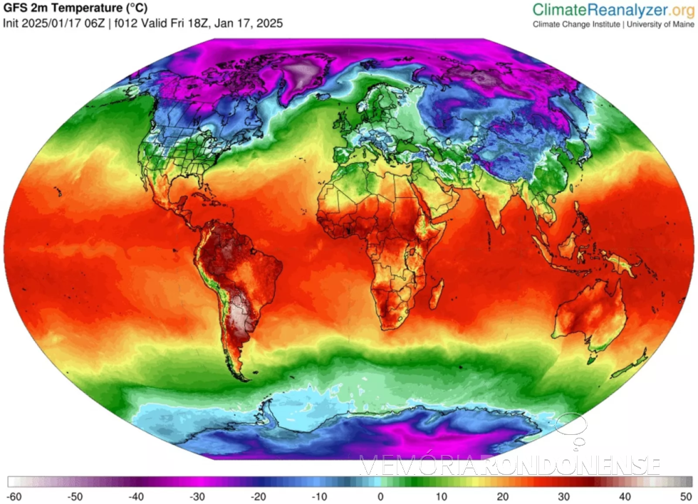 || Mapa climatológico elaborado pela Universidade do Maine (EUA), com registros das maiores ondas de calor em 17 de janeiro de 2025.
Imagem: Acervo Met sul - FOTO 15 -