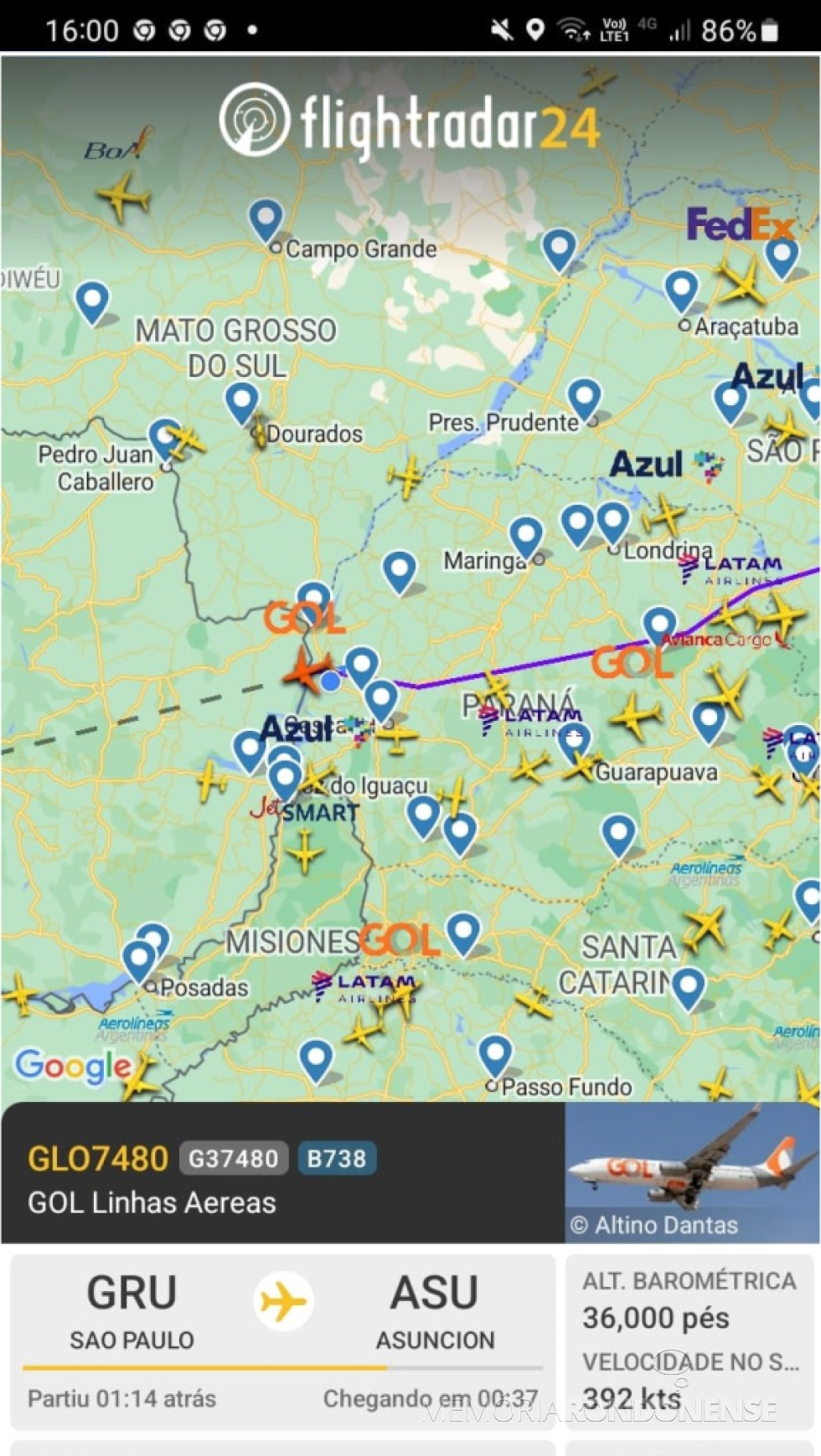 || Identificação da rota do avião da empresa Gol, que cruzou o espaço aéreo de Marechal Cândido Rondon, em seu vôo desde a cidade de São Paulo à capital do Paraguai, dia 02 de janeiro de 2025.
Imagem: Acervo Flightradar - FOTO 21 -