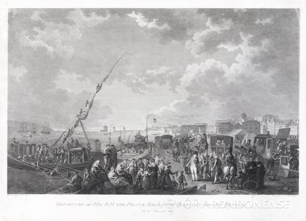 O embarque da família real e da corte portuguesa para o Brasil no Cais de Belém, em novembro de 1807. Gravura (70 x 91 cm) do século XIX. Domínio público, Museu Histórico e Diplomático - FOTO 2 -