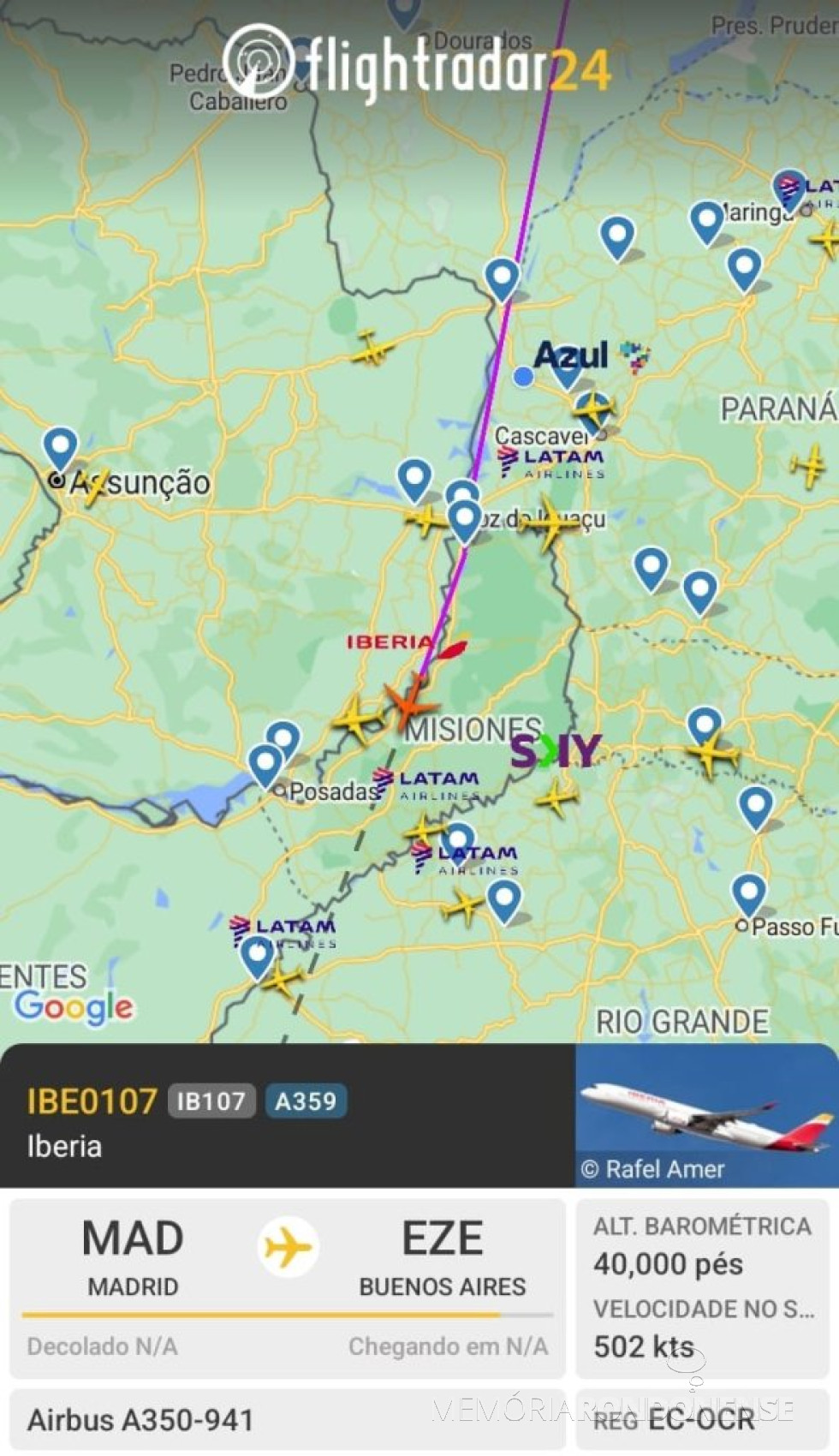 || Identificação da rota do avião da Iberia que cruzou o espaço aéreo do município de Marechal Cândido Rondon, em 16 de janeiro de 2025.
Imagem: Acervo Flightradar - FOTO 17 -
