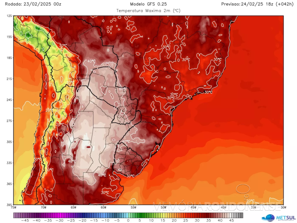 || Mapa de satélite referenciando as regiões onde a 4ª onda de calor será mais intensa, em publicação de 24 de fevereiro de 2025.
Imagem: Acervo Metsul - FOTO 15 -