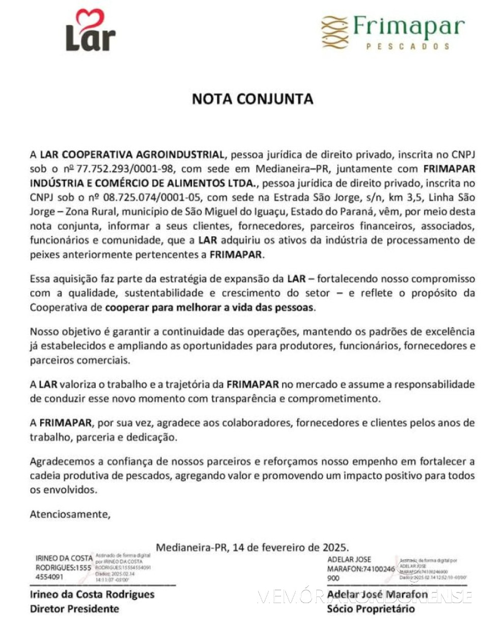 || Nota oficial da Lar Cooperativa Agroindustrial sobre a aquisição da empresa Framipar, em fevereiro de 2025.
Imagem: Acervo Projeto Memória Rondonense - FOTO 15 -