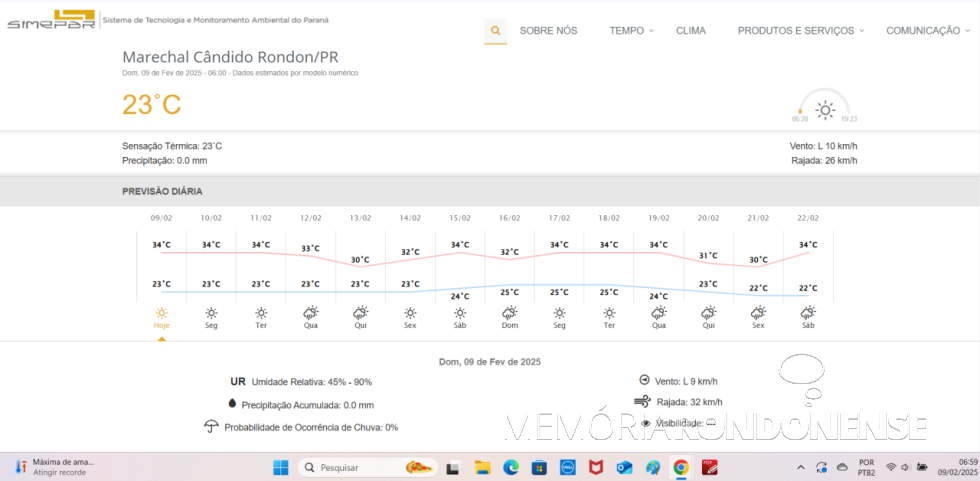 || Previsão climatológica para a cidade de Marechal Cândido Rondon, dia 09 de fevereiro de 2025 e dias supervenientes, fornecida pelo SIMEPAR - FOTO 16 -