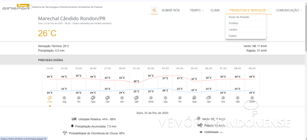 || Previsão meteorológica para a cidade de Marechal Cândido Rondon, dia 23 de fevereiro de 2025 e dias seguintes,  compartilhada pelo SIMEPAR - 22 -