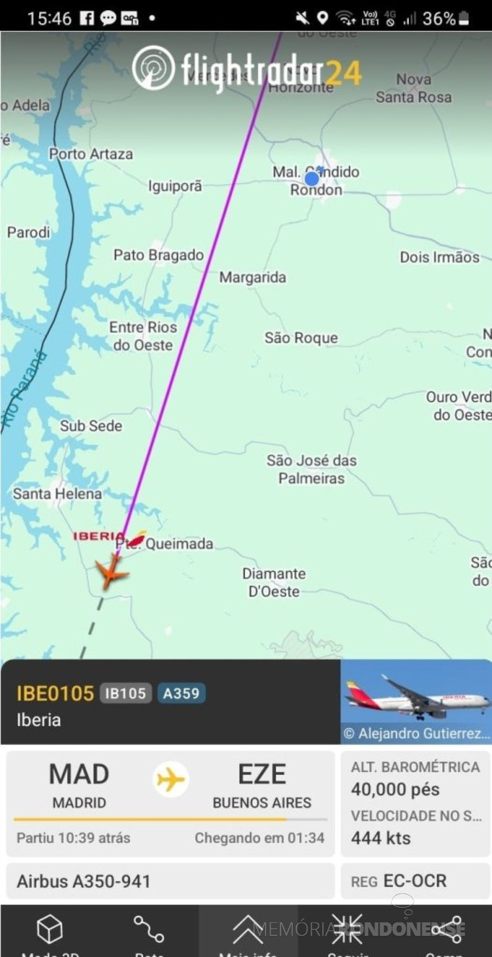|| Identificação da rota do avião da Iberia que cruzou o espaço aéreo de Marechal Cândido Rondon, em 27 de março de 2025.
Imagem: Acervo FlighTradar - FOTO 32 -